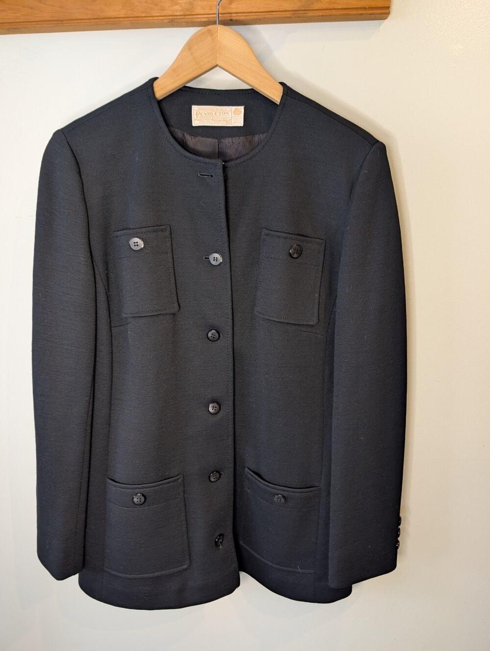 Vtg Pendleton Black Wool Blazer Collarless Button Front Heritage Sz 14 (8-10)
